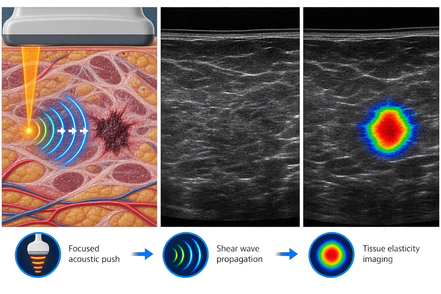 Illustration of focused ultrasound inducing shear waves in tissue, alongside ultrasound and elasticity images.
